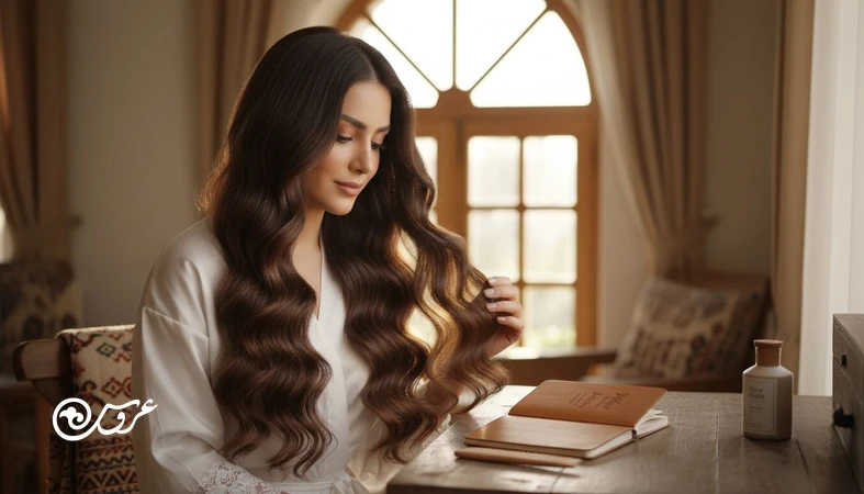 زمان بندی مراقبت مو قبل از عروسی؛ عروس در نور طبیعی کنار میز آرایش با موهای سالم و براق