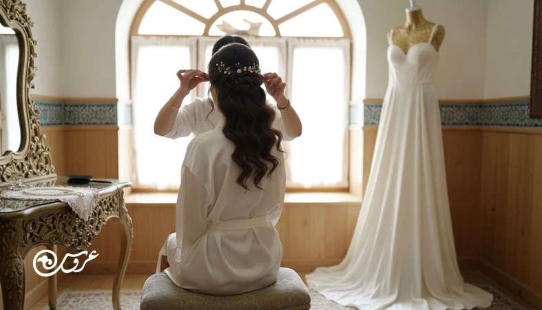 انتخاب شینیون متناسب با یقه لباس عروس و فرم صورت در نور طبیعی، همراه با اکسسوری مینیمال مو