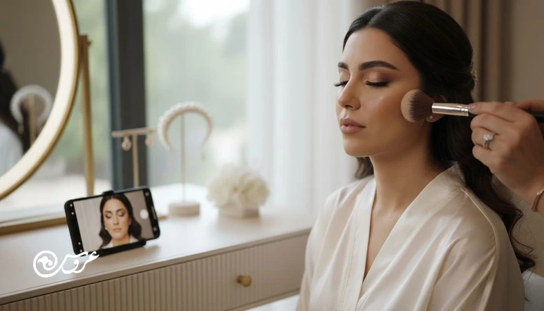 تست میکاپ عروس کنار پنجره با نور طبیعی و بررسی آرایش در عکس با فلش برای جلوگیری از اشتباهات میکاپ عروس و افزایش ماندگاری آرایش عروس