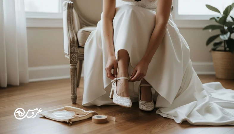عکس نزدیک از کفش عروس راحت برای مراسم طولانی با پاشنه پهن و ابزار کاهش درد پا کنار آن