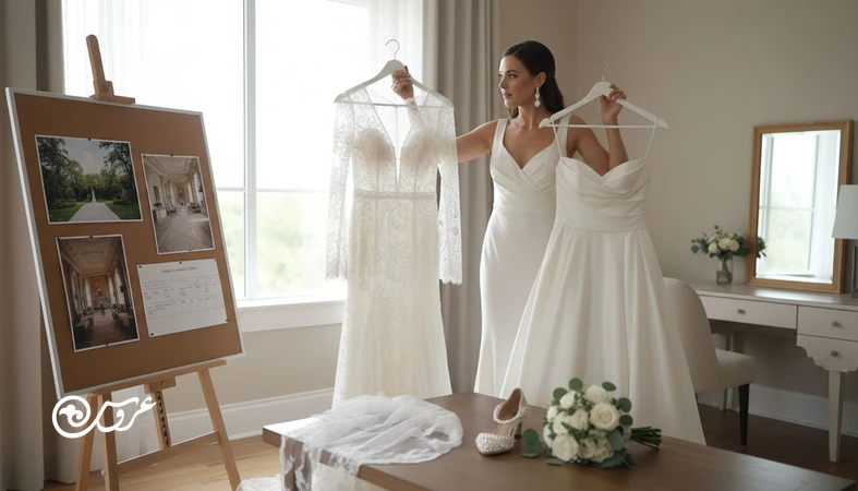 عروس در نور طبیعی در حال مقایسه لباس عروس بر اساس لوکیشن، فصل و ساعت مراسم؛ راهنمای انتخاب استایل عروس برای عکس و راحتی