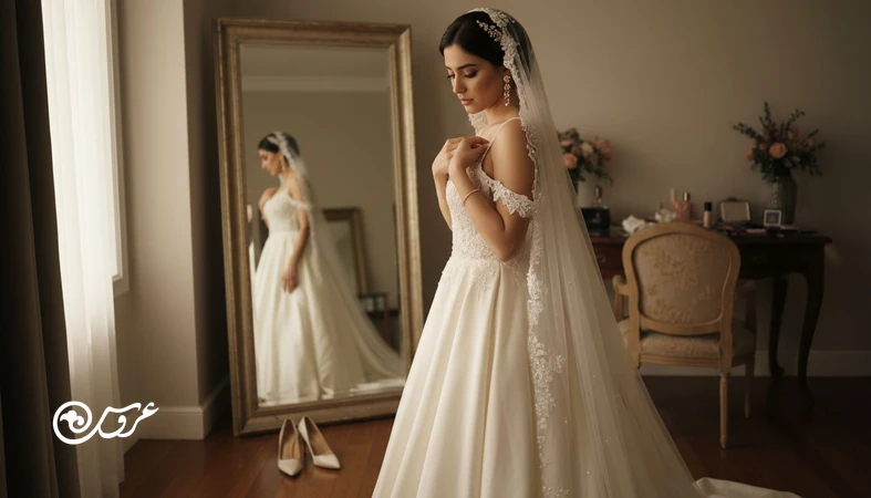 عروس در اتاق پرو در حال بررسی لباس و اکسسوری؛ تصویر مرتبط با اشتباهات استایل عروس که در آینه خوب است اما در مراسم مشکل‌ساز می‌شود