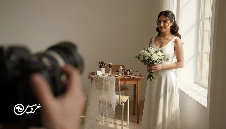 عروس در آتلیه با نور طبیعی کنار پنجره؛ تصویرسازی برای نکات استایل عروس در عکس و تاثیر یقه، نور و میکاپ روی نتیجه