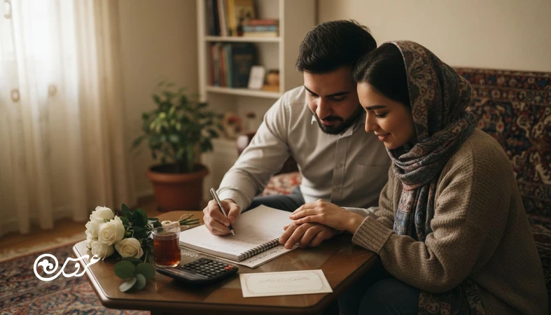 زوج ایرانی در حال برنامه‌ریزی عروسی با بودجه متوسط و اولویت‌بندی هزینه‌ها برای برگزاری عروسی آبرومند