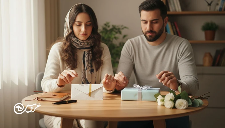 مقایسه هدیه نقدی یا فیزیکی عروسی در خانه؛ پاکت پول و جعبه کادو روی میز کنار زوج در حال برنامه‌ریزی