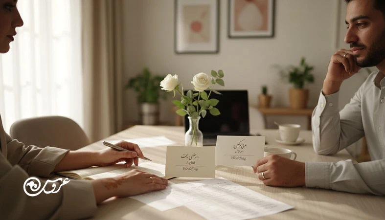 تصویر یک زوج ایرانی در حال برنامه‌ریزی ترکیب مراسم عقد و عروسی با برگه بودجه و کارت‌های دعوت؛ مناسب برای راهنمای تصمیم‌گیری و مدیریت هزینه