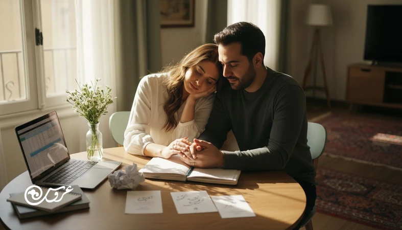 زوج در حال مدیریت تعارض در دوران نامزدی هنگام برنامه ریزی عروسی و کنترل دعوا قبل ازدواج در فضای خانه