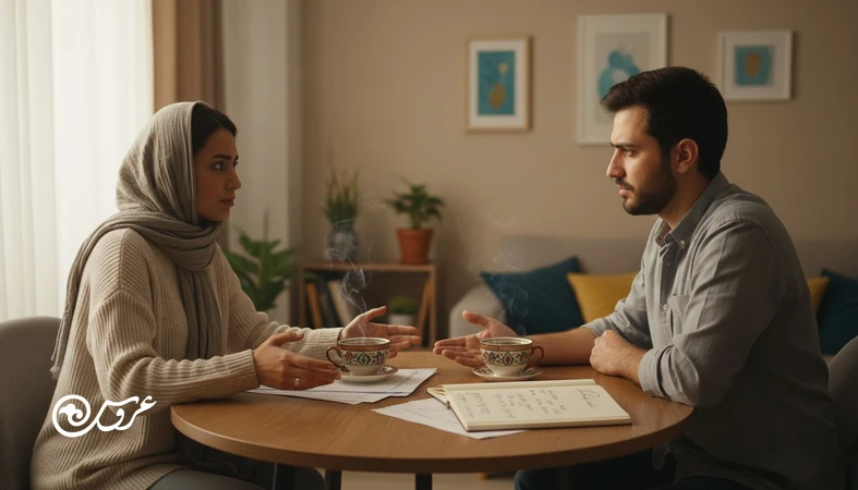 زوج نامزد ایرانی در حال گفتگوی آرام پس از دعوا در دوران نامزدی با دفتر برنامه ریزی و بودجه؛ اشاره به زیاد دعوا کردن قبل ازدواج و حل اختلاف قبل ازدواج