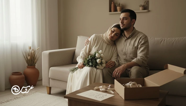 زوج تازه ازدواج کرده در خانه با حس خستگی و گفتگو درباره تطبیق بعد از عروسی و سختی های ماه اول ازدواج