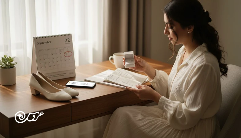 مقایسه اولین رزروهای عروسی با اولین خریدهای عروسی؛ عروس در حال بررسی تاریخ رزرو تالار و آتلیه کنار حلقه و چک لیست خرید