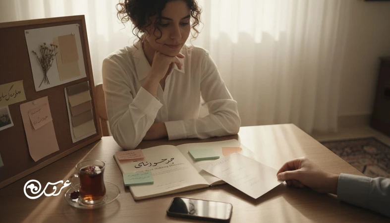 عروس در حال نوشتن تصمیم های هفته اول عروسی در دفتر برنامه ریزی؛ شروع درست برنامه ریزی عروسی با چک لیست و بودجه