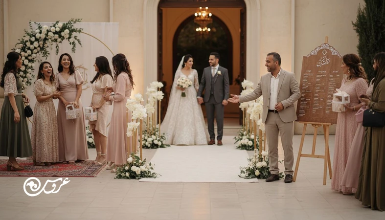 مدیریت مهمان ها در عروسی با سناریوی ورود و خروج: ورودی تالار منظم، تابلو راهنمای میزها و مسیر جدا برای عکس