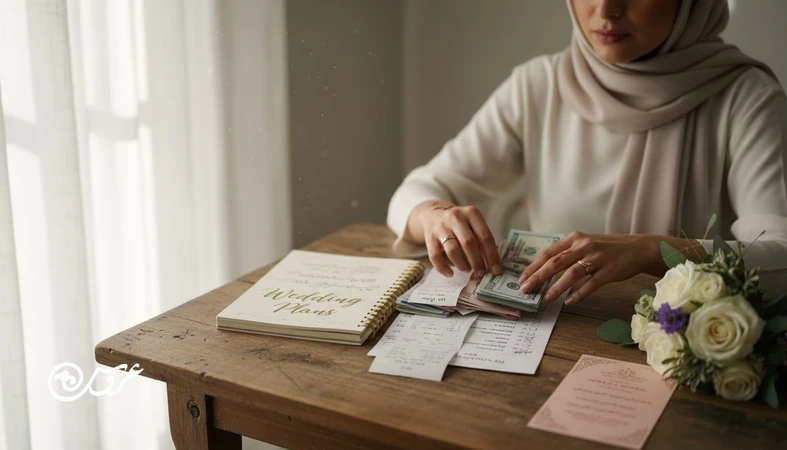 عروس در حال بررسی لیست هزینه‌های پنهان عروسی و رسیدهای خرید با چک‌لیست بودجه برای جلوگیری از هزینه‌های دقیقه نودی