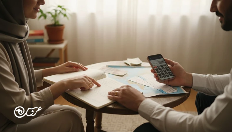 زوج ایرانی در حال برنامه ریزی ماه عسل بر اساس بودجه با دفترچه و نقشه؛ از سفر اقتصادی تا لوکس و مدیریت هزینه ها