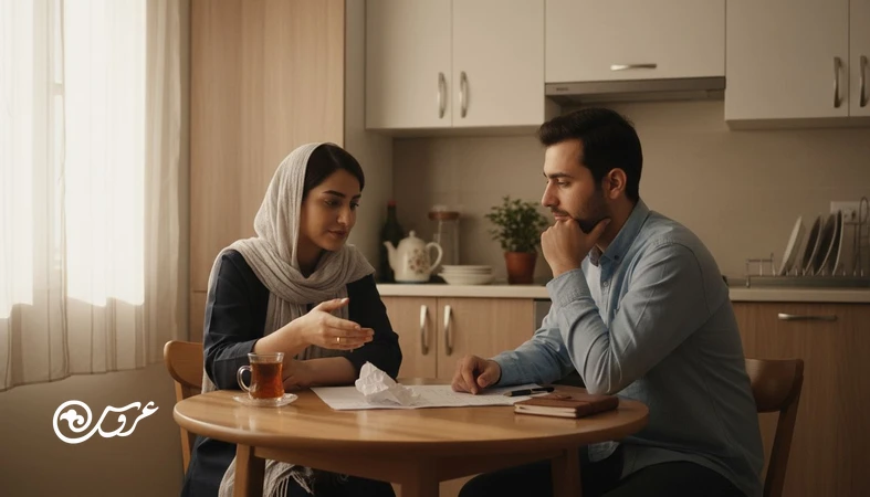 زوج جوان ایرانی در حال گفت وگو و نوشتن توافق تقسیم کارهای خانه بعد ازدواج در آشپزخانه با نور طبیعی