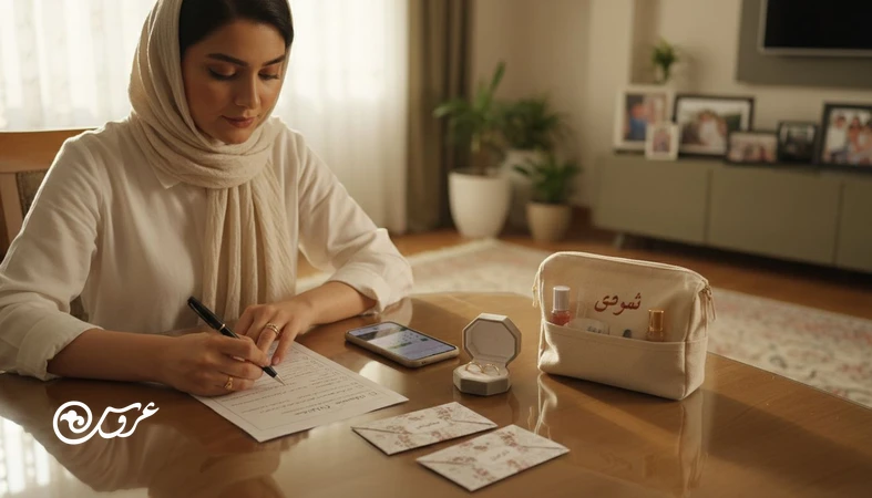 عروس در حال مرور چک لیست هفته آخر عروسی روی میز با مدارک، پاکت پرداخت ها و کیف اضطراری؛ مناسب کارهای ضروری قبل از عروسی و آمادگی روز مراسم
