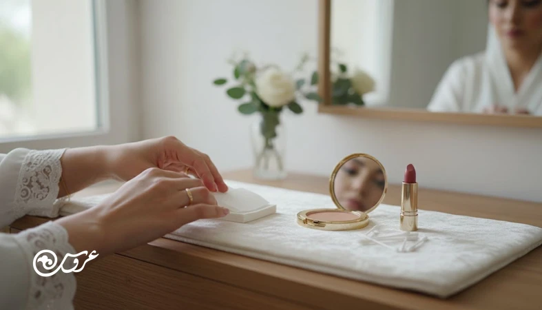 چک لیست ماندگاری آرایش عروس و کیت ترمیم روی میز آرایش با نور طبیعی برای تثبیت میکاپ در طول مراسم
