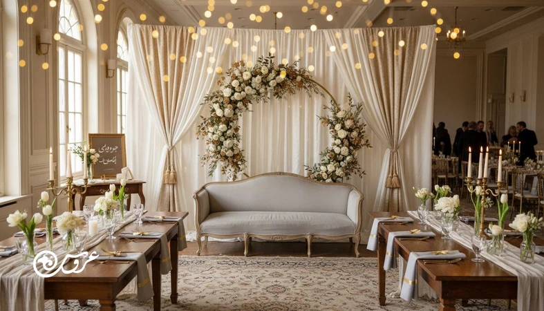دکور عروسی با بودجه محدود با نورپردازی گرم، بک دراپ ساده و گل آرایی کم اما چشمگیر در سالن