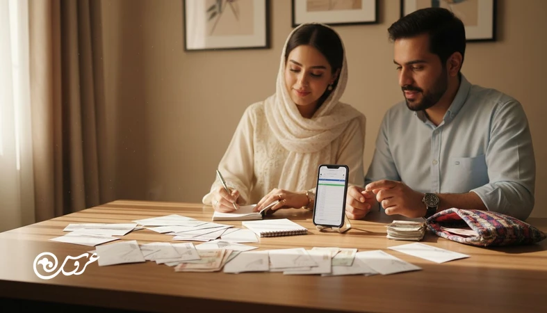 مدیریت هدیه های نقدی عروسی؛ زوج ایرانی در حال ثبت و مرتب سازی پاکت های پول و برنامه ریزی هزینه کرد با شفافیت