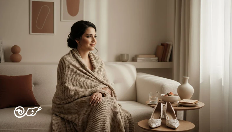 عروس در خانه صبح بعد از مراسم عروسی در حال استراحت و ریکاوری؛ تصویر مرتبط با مدیریت خستگی بعد از عروسی و بازگشت تعادل بدن و ذهن