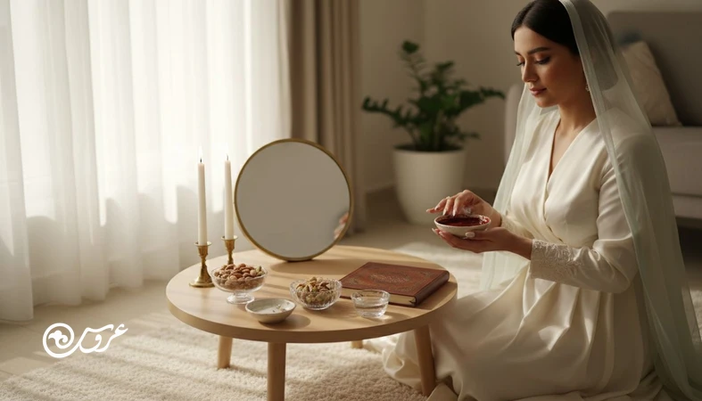 عروس ایرانی کنار سفره عقد ساده و نمادهای حنابندان؛ انتخاب آگاهانه آیین های عروسی ایرانی با تمرکز بر معنا و آرامش