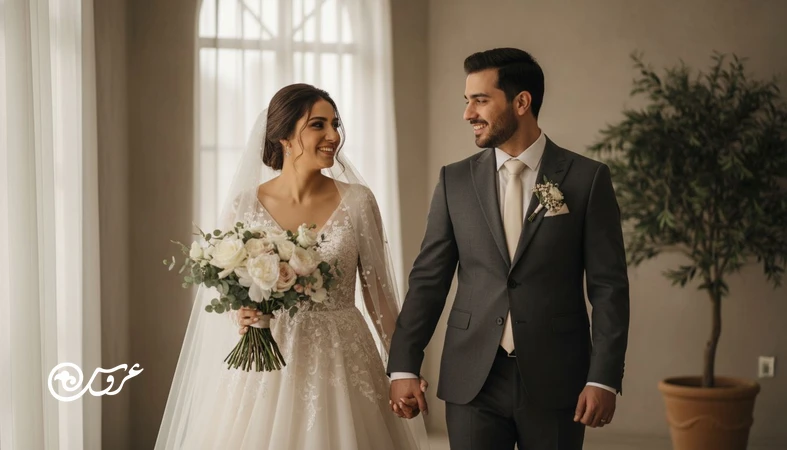 ژست طبیعی عروس و داماد در عکس عروسی با حرکت ملایم و لبخند واقعی، آموزش جلوگیری از ژست مصنوعی
