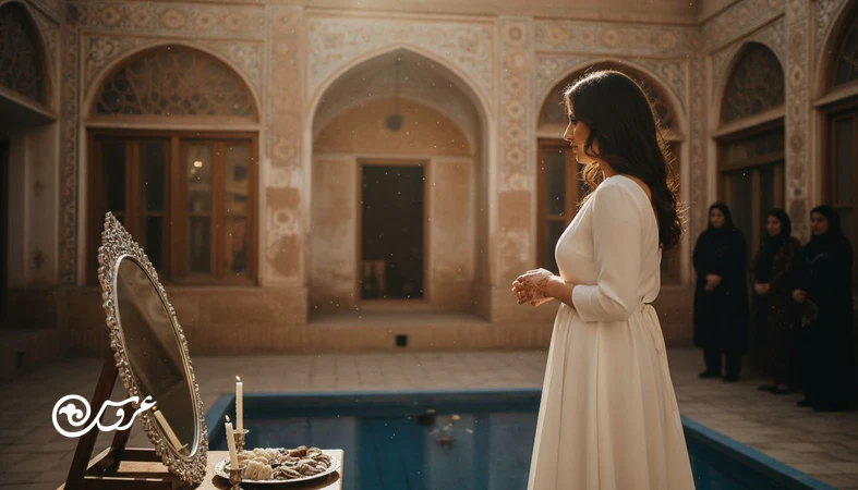 عروسی در ایران قدیم در حیاط خانه ایرانی؛ تصویر عروس و جزئیات آیین های سنتی ازدواج ایرانی