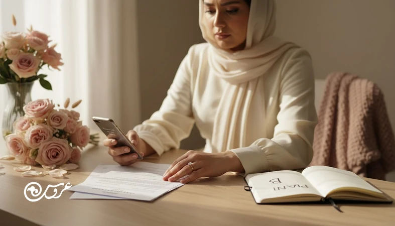 عروس در حال بررسی قرارداد و چک لیست مدیریت ریسک عروسی برای مواجهه با بدقولی سرویس دهنده و داشتن پلن جایگزین تالار