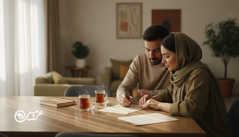 زوج در حال نوشتن توافق های قبل ازدواج درباره پول، نقش ها و خانواده روی کاغذ در فضای خانه با نور طبیعی