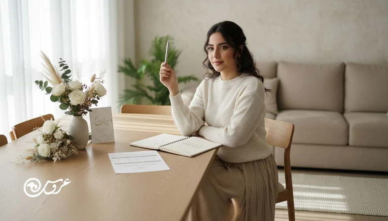عروس در حال ثبت و کنترل هزینه عروسی روی برگه بودجه برای جلوگیری از خرج احساسی عروسی و مدیریت بودجه مراسم