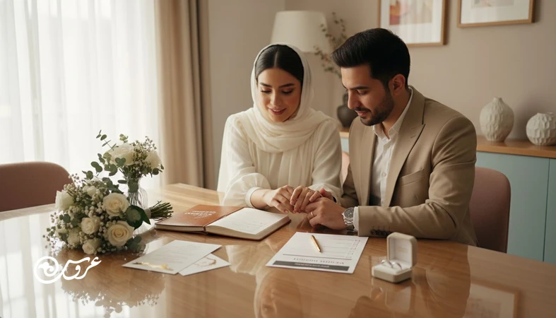 زوج ایرانی در حال برنامه ریزی و کاهش هزینه عروسی با حفظ کیفیت، با دفتر بودجه و چک لیست مراسم کنار گل و جزئیات ساده