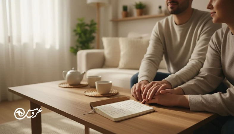 زوج جوان در خانه در حال نوشتن توافق زوجین؛ قوانین کوچک زندگی مشترک برای جلوگیری از دعوا در ازدواج
