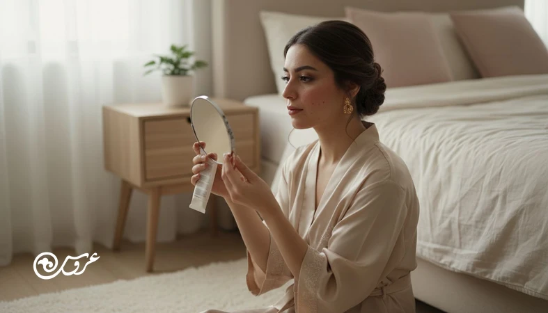 عروس در نور طبیعی در حال انجام روتین مینیمال برای کنترل جوش استرسی قبل از عروسی و آرام کردن پوست در استرس