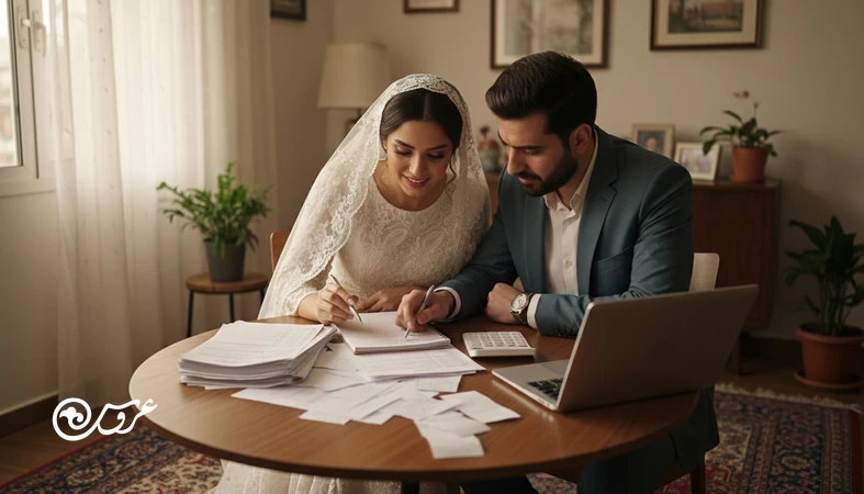 زوج ایرانی در حال بررسی رسیدها و جدول هزینه ها برای جلوگیری از ترکیدن بودجه عروسی و کنترل خرج عروسی