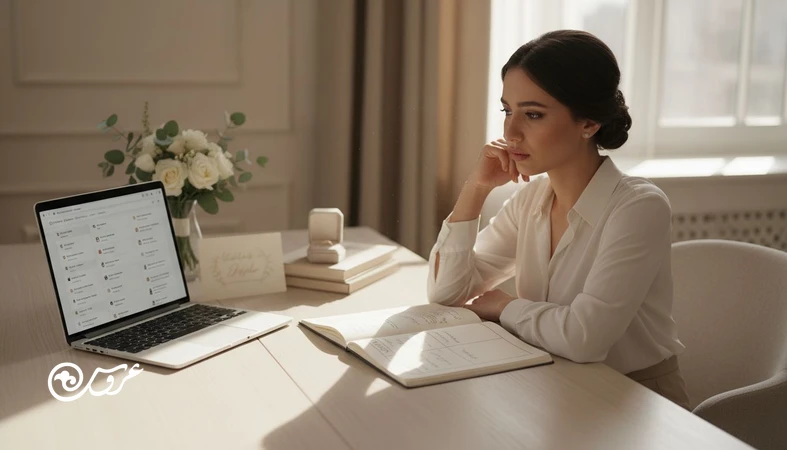 بودجه بندی عروسی با اولویت بندی؛ عروس در حال بررسی ماتریس هزینه ها برای انتخاب خرج های نتیجه محور