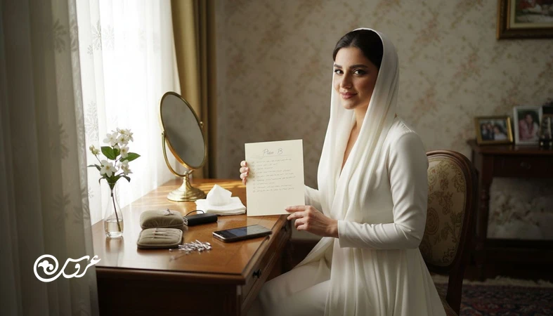 عروس در حال آماده کردن پلن B روز عروسی با چک لیست و کیت اضطراری برای مدیریت ریسک عروسی و اتفاقات غیرمنتظره مراسم