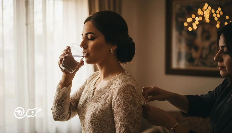 عروس در حال حفظ آرامش و مدیریت بحران روز عروسی هنگام به هم ریختن برنامه و رفع سریع مشکل لباس