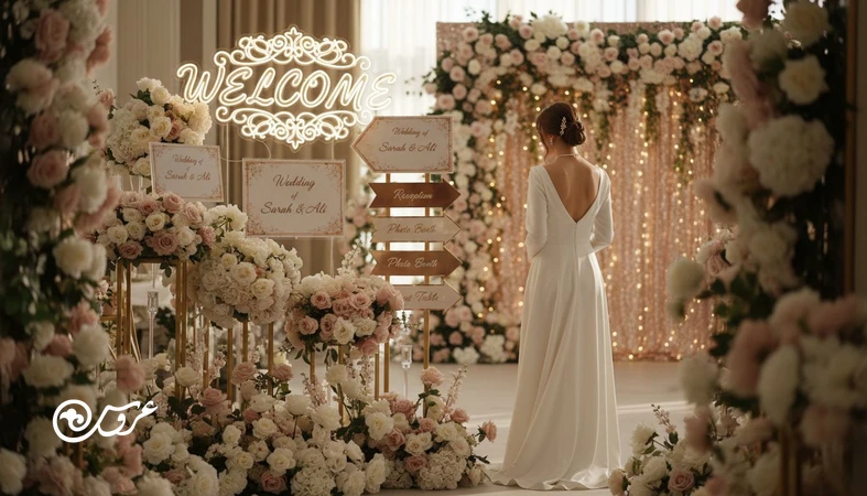 ورودی سالن عروسی با دکور شلوغ و عناصر زیاد؛ تصویر مرتبط با اشتباهات دکور عروسی و راهکارهای مراسم مینیمال شیک