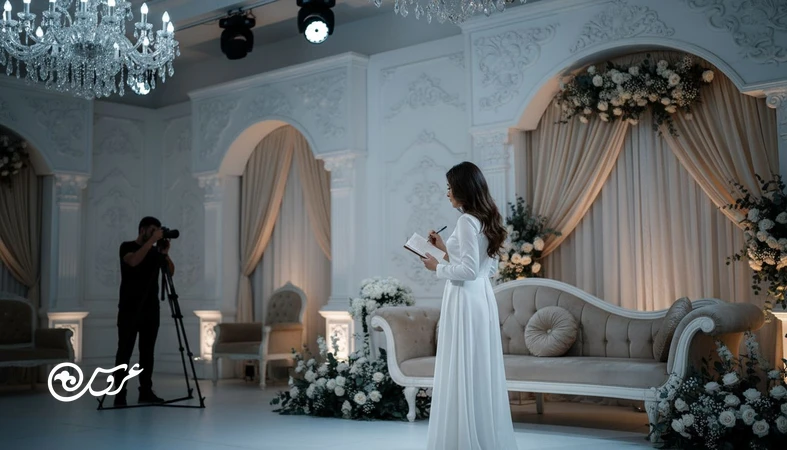 عروس در حال بررسی دکور گران عروسی در سالن با نور نامناسب؛ تصویر مرتبط با اشتباهات دیزاین مراسم و دیده نشدن دکور در عکس