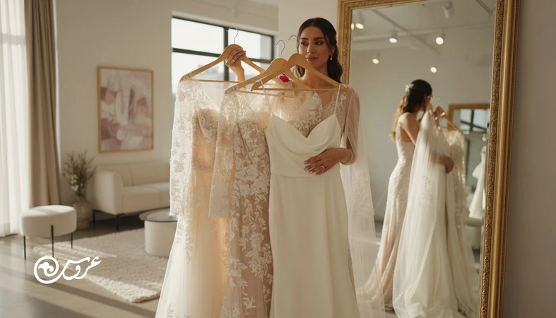 راهنمای انتخاب مدل لباس عروس بر اساس فرم بدن در مزون؛ عروس در حال مقایسه مدل های A-line، مرمید و امپایر