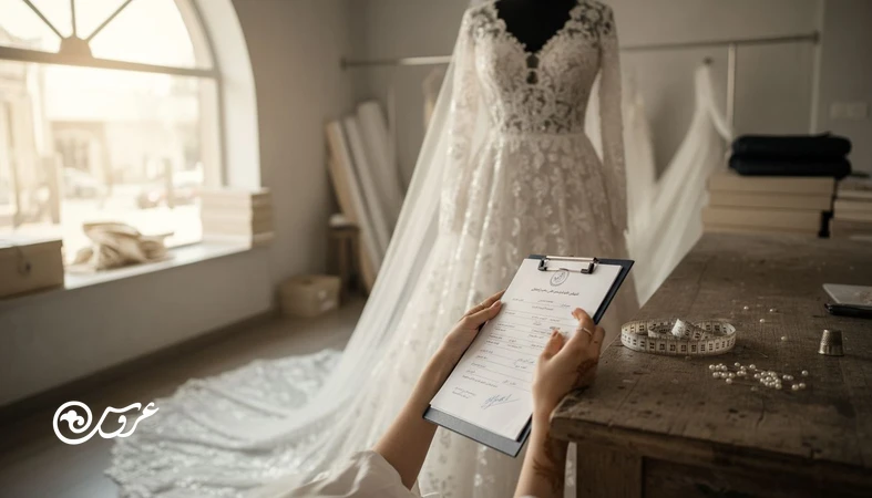 قرارداد مزون لباس عروس کنار مانکن لباس و متر خیاطی؛ تصویر راهنمای بندهای پرو، اصلاحات، تحویل و مسئولیت آسیب