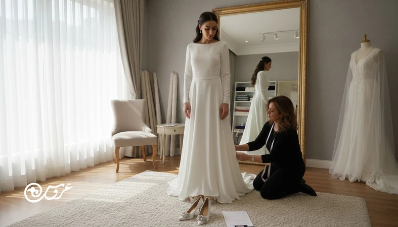 پرو لباس عروس با نور طبیعی و تست راه رفتن و قد دامن در مزون؛ تصویر مرتبط با چک لیست پرو لباس عروس