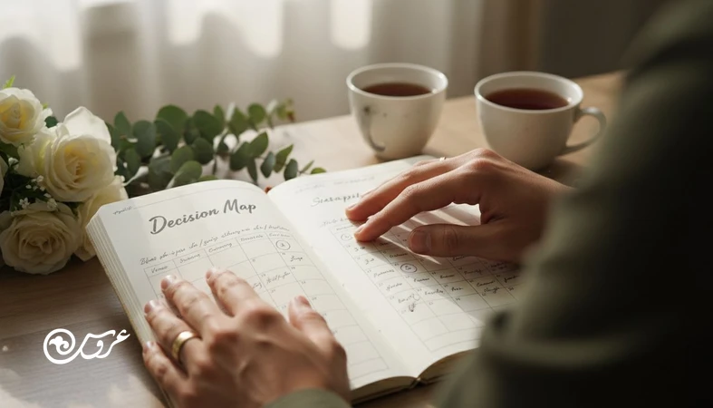 زوج ایرانی در حال برنامه‌ریزی ماه اول عروسی با برگه تصمیم، تقویم و بودجه؛ مناسب برای مقاله تصمیم‌های مهم عروسی و چک‌لیست ماه اول عروسی