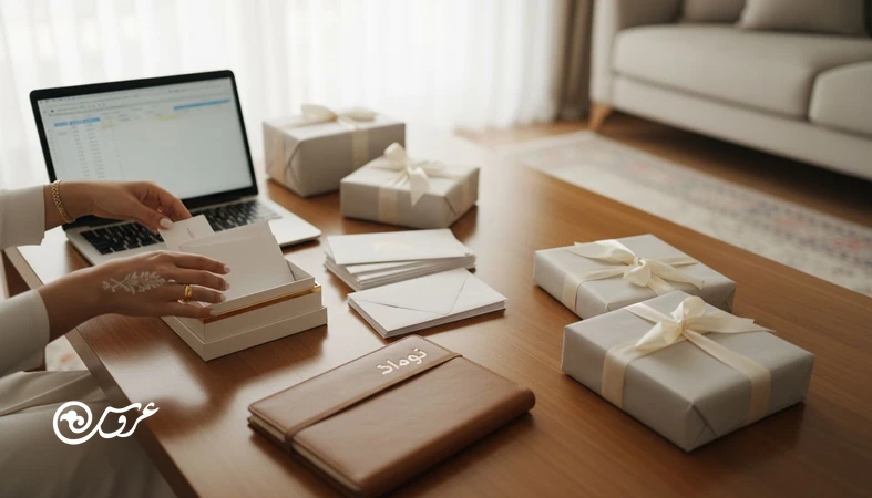 ثبت و مدیریت هدایا بعد از عروسی با دفتر و اکسل روی میز؛ نظم دادن به پاکت ها و کادوها برای اینکه چیزی جا نماند
