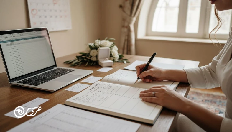 عروس در حال نوشتن مدل برنامه‌ریزی عروسی در ۴ فاز و زمان‌بندی عروسی روی دفتر و تقویم