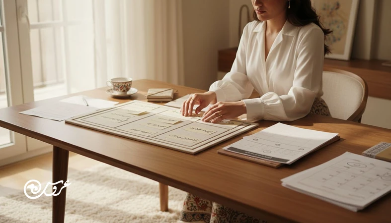 عروس در حال مدیریت پروژه عروسی با برد برنامه ریزی، تقویم نقاط عطف و یادداشت بودجه برای برنامه ریزی کنترل پذیر