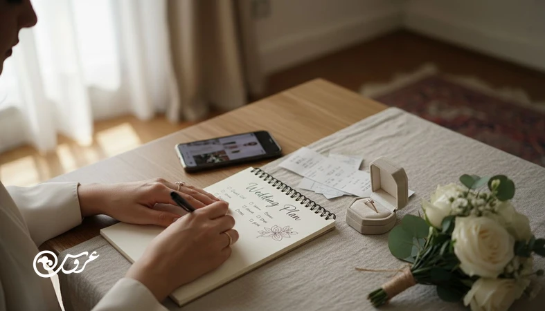 عروس در حال نوشتن چک لیست و پاسخ به سوالات قبل از هزینه عروسی برای جلوگیری از خرید احساسی و تصمیم گیری بهتر