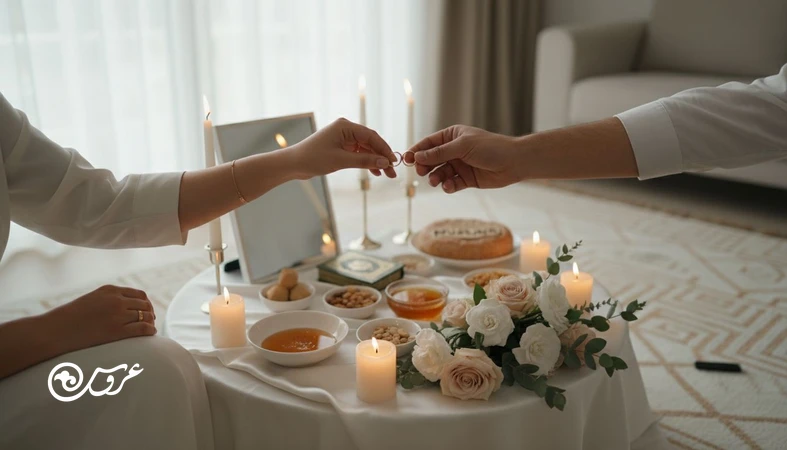 دست های عروس و داماد با حلقه روی چیدمان ساده سفره عقد؛ تصویر مرتبط با نمادهای عروسی و معنی رسم های ازدواج