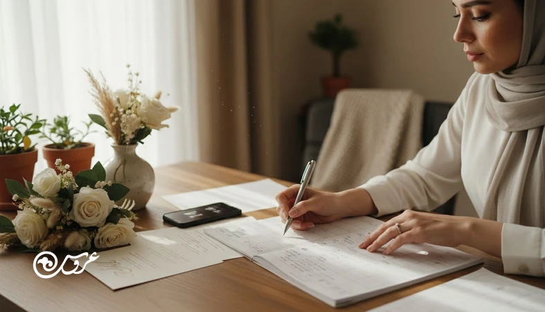 عروس در حال برنامه ریزی زمان بندی عروسی با تقویم معکوس و چک لیست برای جلوگیری از دقیقه نودی شدن