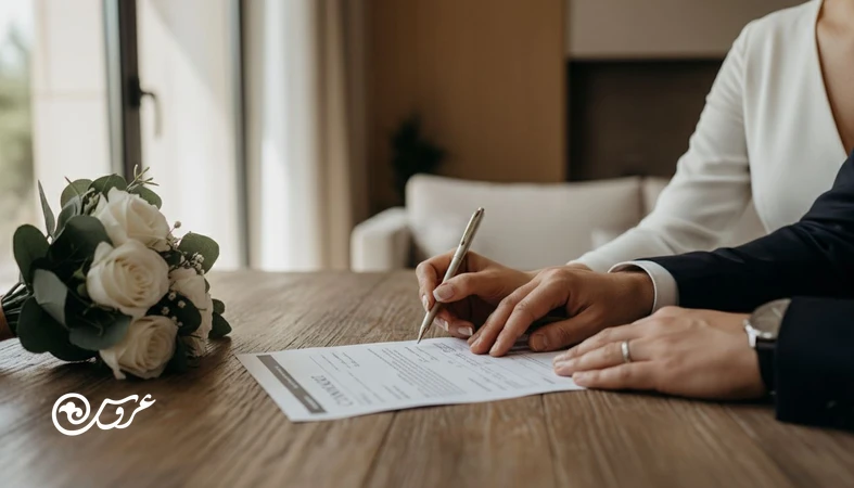 زوج ایرانی در حال بررسی و امضای قرارداد تالار عروسی؛ تصویر مرتبط با چک لیست بندهای ضروری قرارداد، لغو، تغییر تاریخ و خسارت